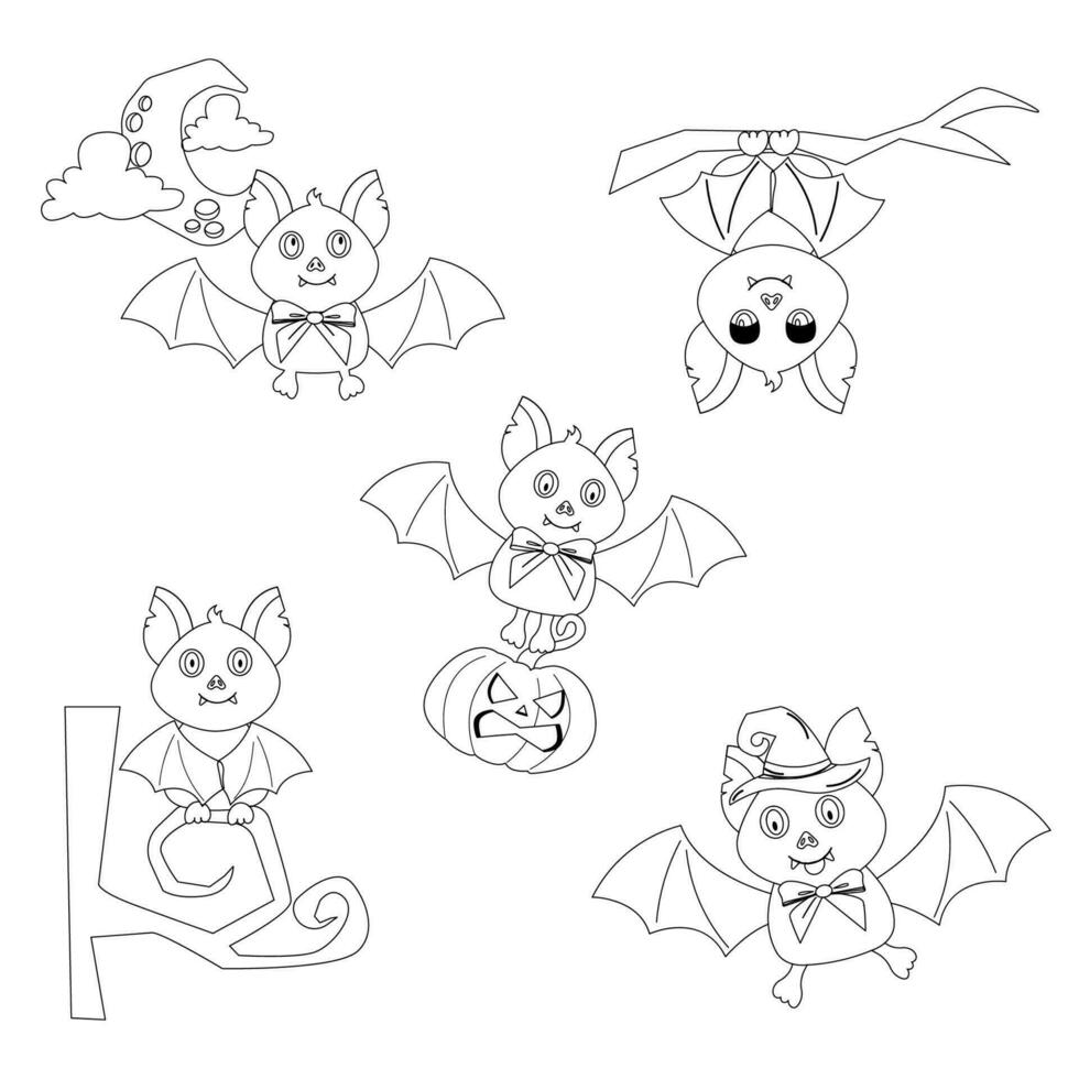 Halloween character outline bat. Bat in different poses vector