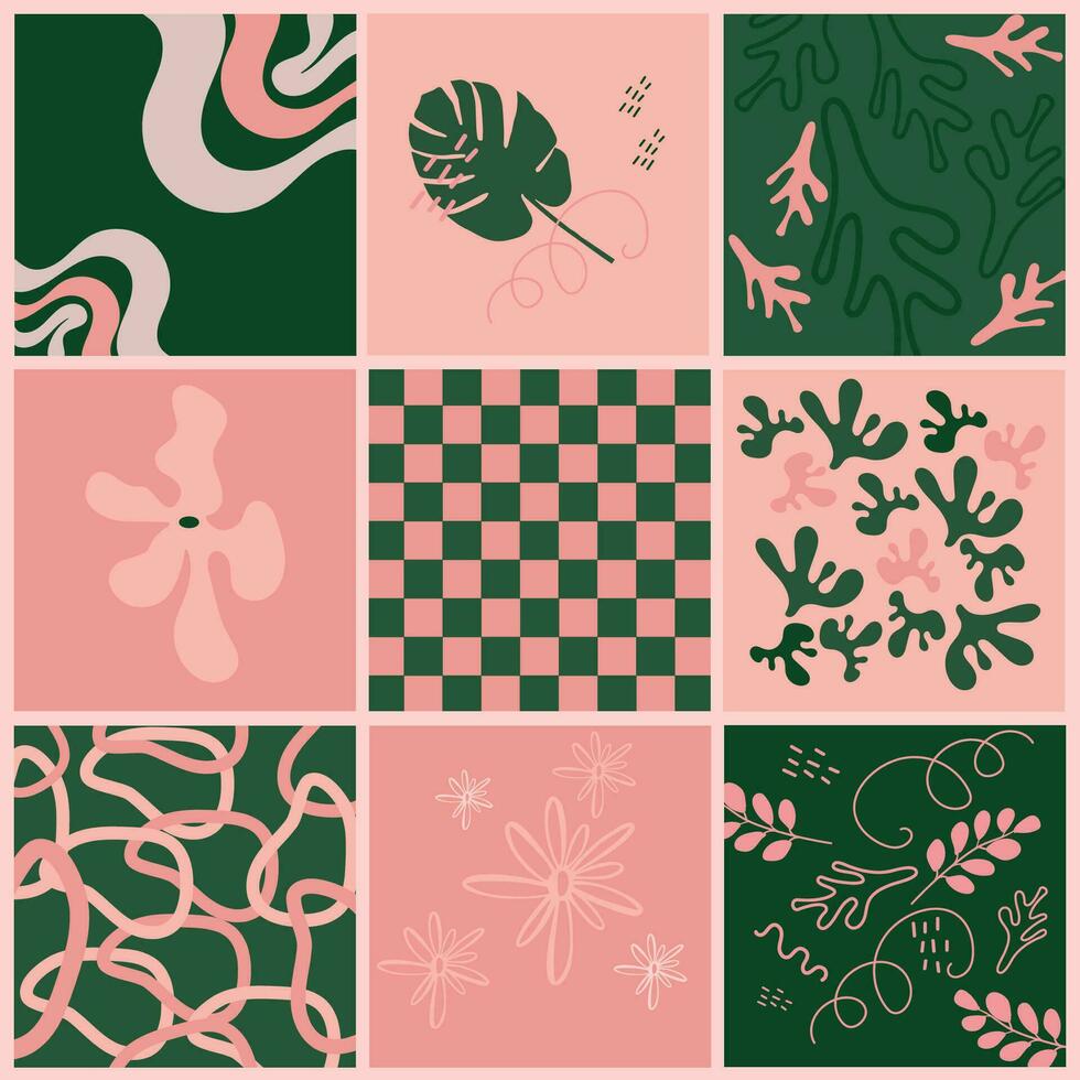 Trendy pink and green hand drawn poster, background set vector