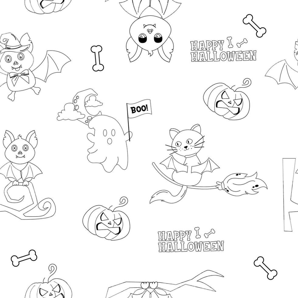 Seamless outline pattern characters Halloween cat, ghost, bat vector