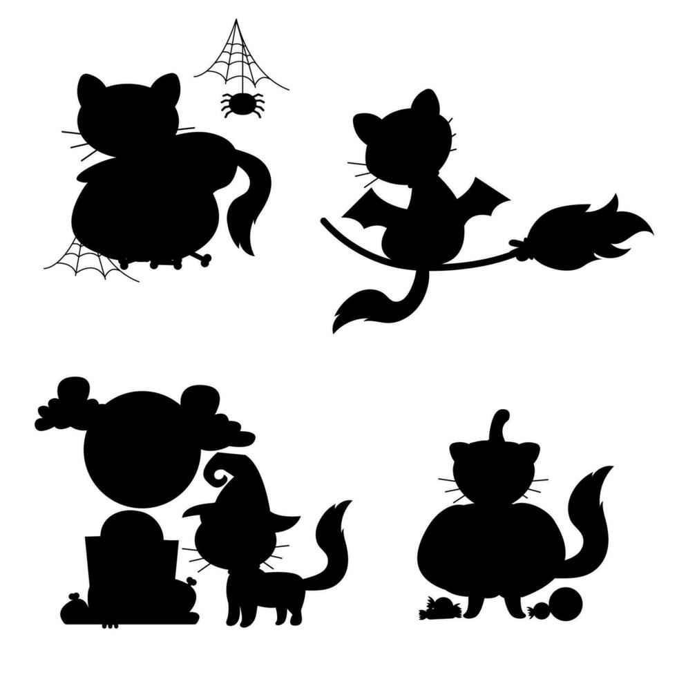 Hand drawn silhouette character Halloween cat. Cat in different poses vector