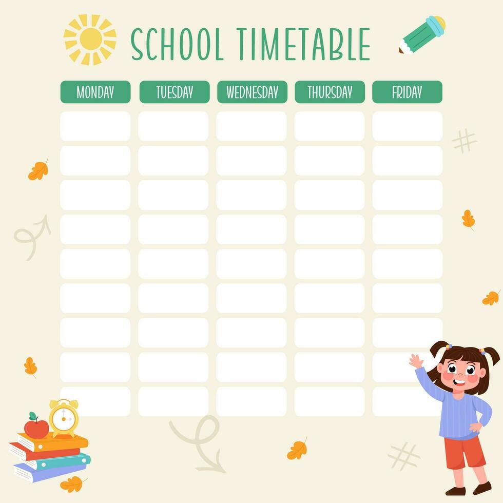 Flat back to school timetable with a child vector