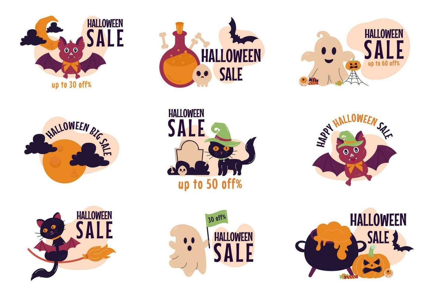 Set of different discounts halloween sale sticker, badge. Cartoon vector