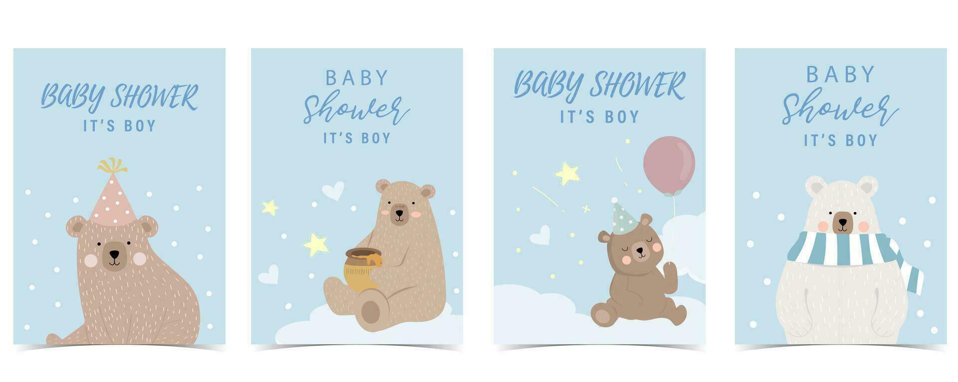 Baby shower invitation card for boy with balloon, cloud,sky, bear vector