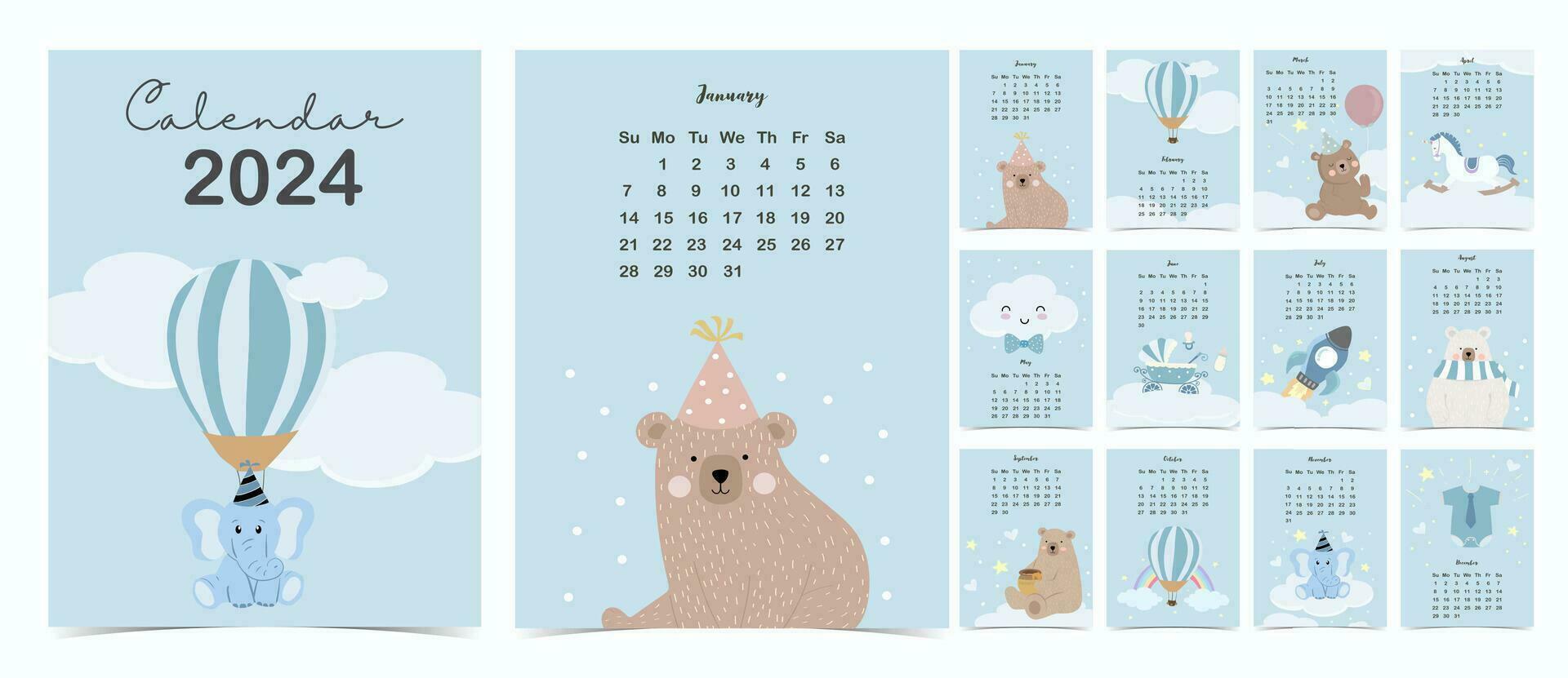 2024 mesa calendario semana comienzo en domingo con dibujos animados ese utilizar para vertical digital y imprimible a4 a5 Talla vector