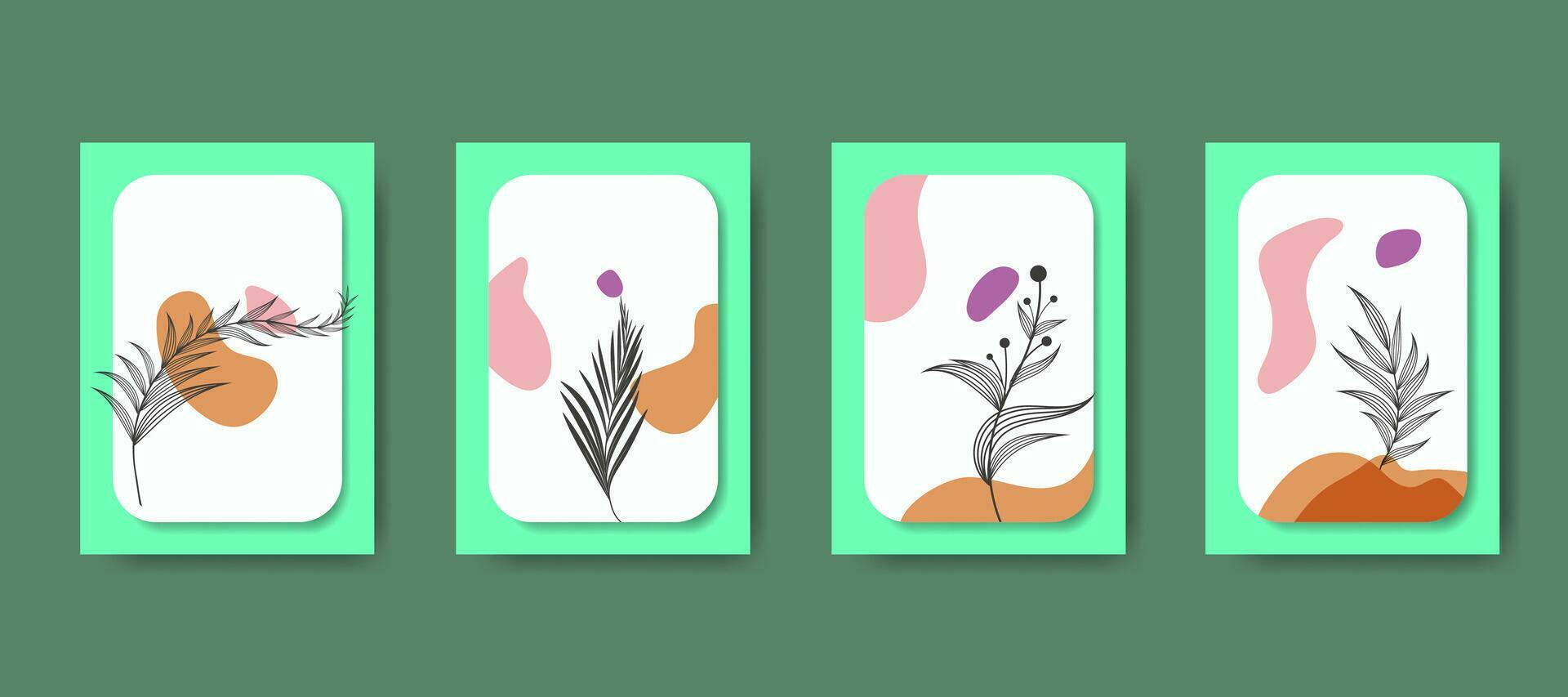 Botanical abstract line leaves wall art vector set. Abstract plant art