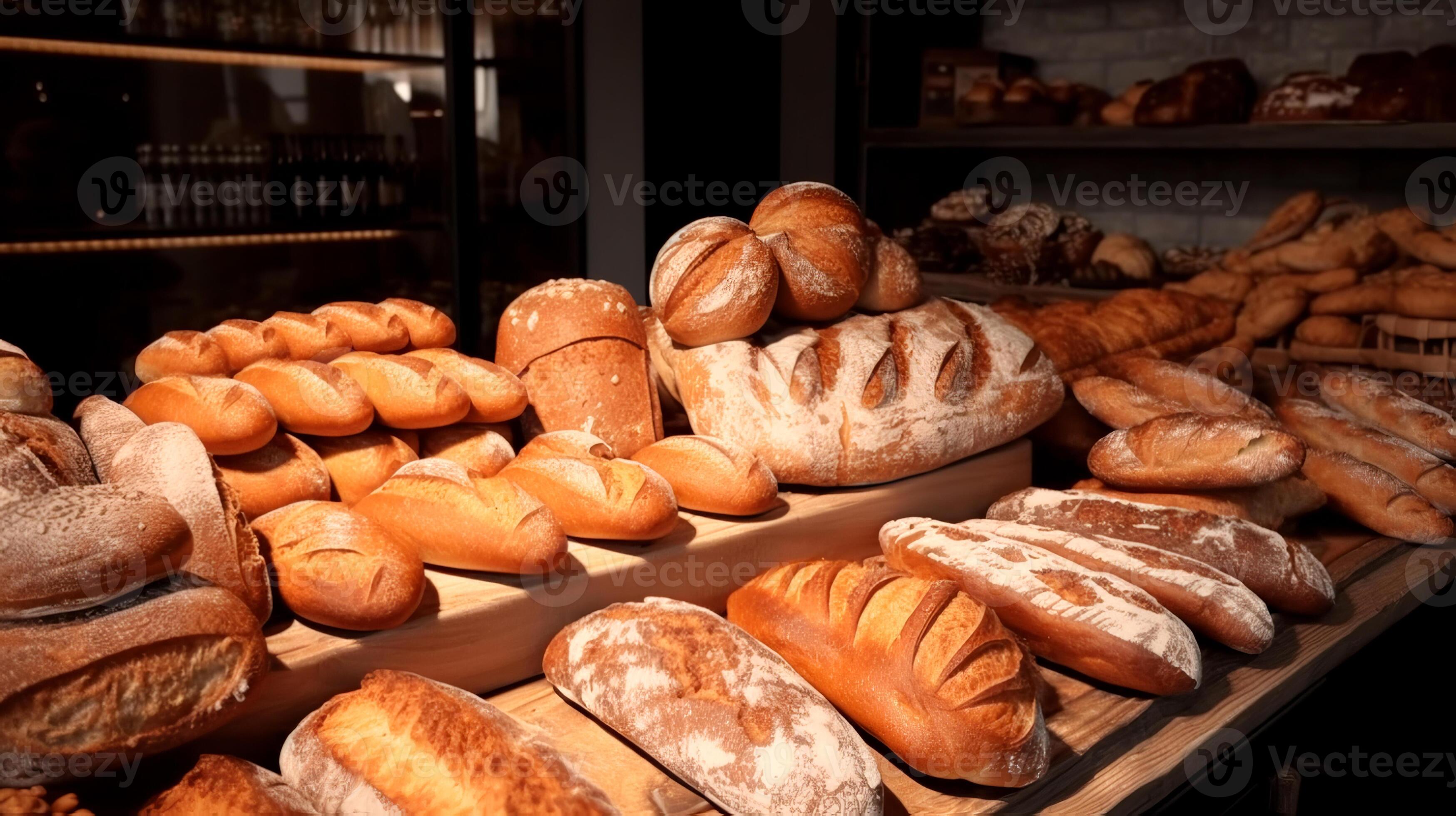 bread display in a bakery with a large selection of fresh fragrant