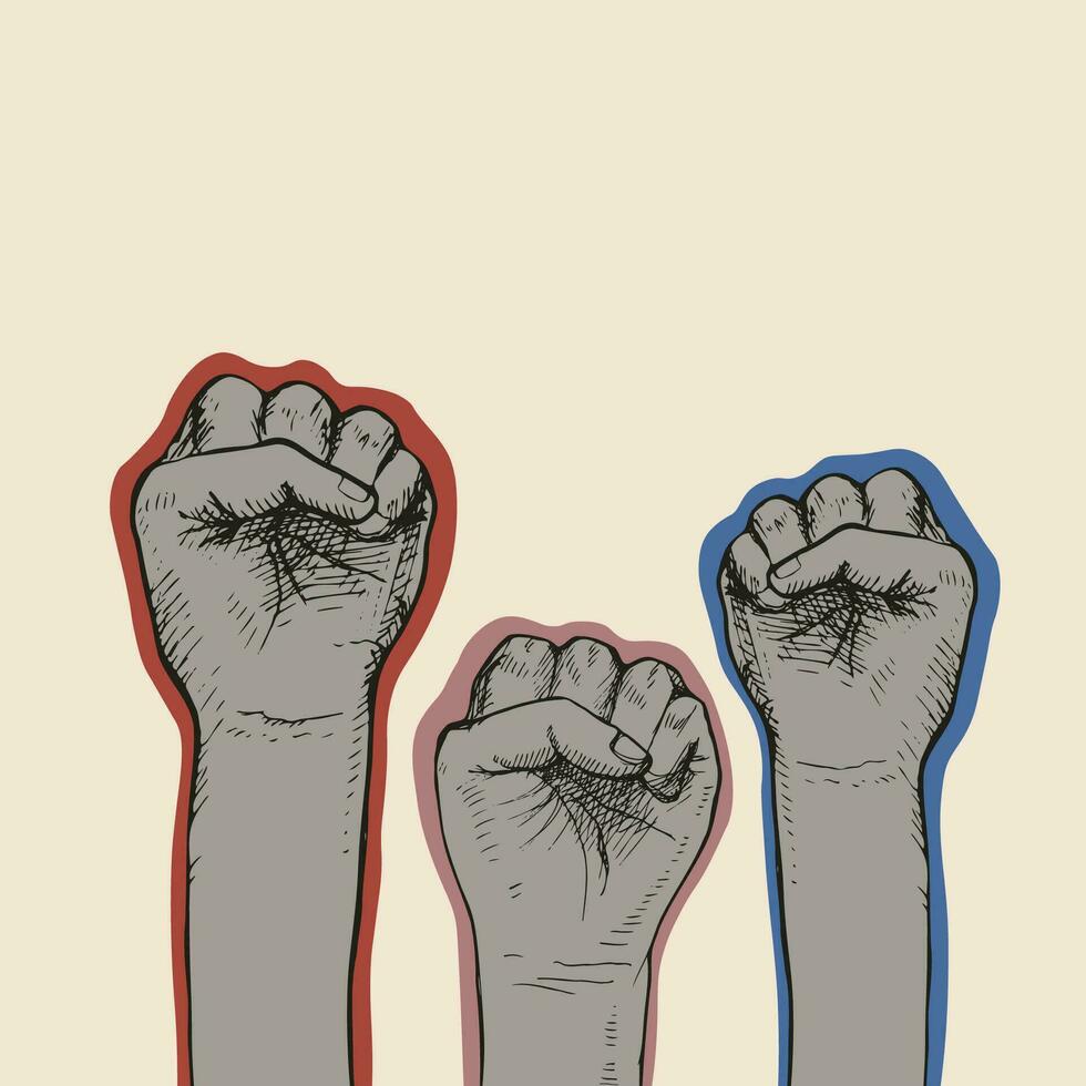 Fists of  group of people of different races with raised hands as a symbol of unity, protest, strength or victory, success. The concept of unity, revolution, struggle, cooperation. vector illustration