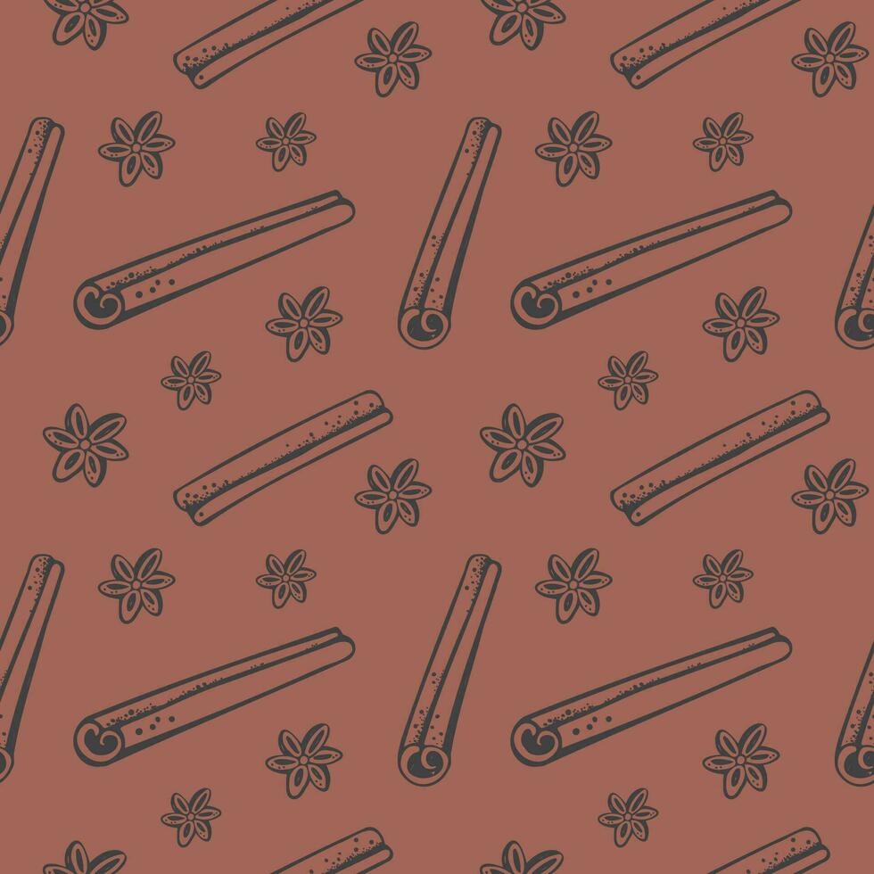 Cinnamon sticks bark seamless pattern. Hand drawn brown spice on decorative ornament. Rolled cinnamons spicy seasoning condiment. Aromatic ingredient for cooking, backing. Backdrop vector illustration