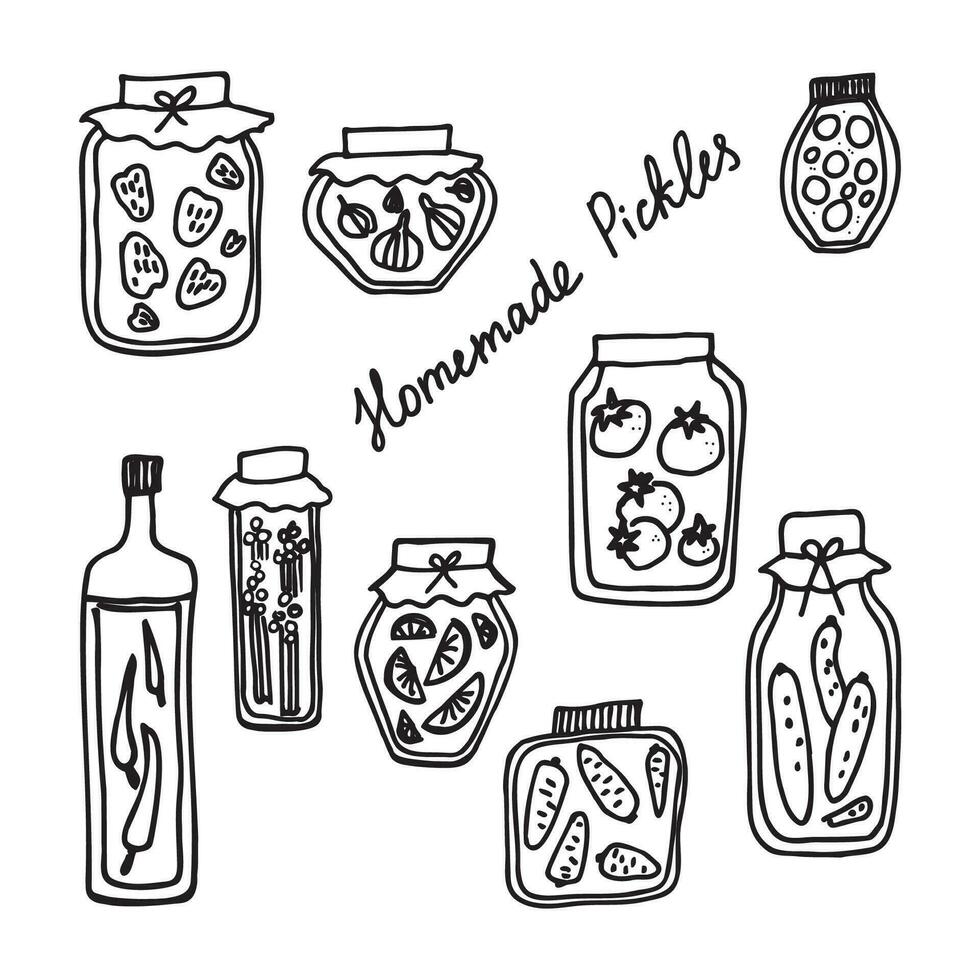 Homemade pickles vector illustration doodle hand drawn on an isolated white background with lettering. Seasonal cooking food concept, design element for background, template, card, banner, poster.