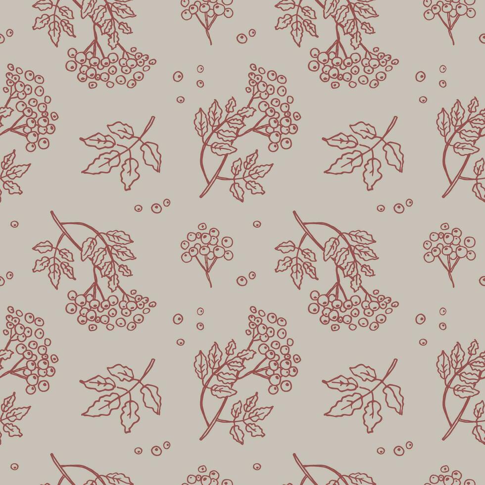 Rowan seamless pattern with berries and leaves. Hand drawn background with a rowans plant in a repeating ornament. Decorative backdrop for print, textile, label, wrapping. Vector illustration