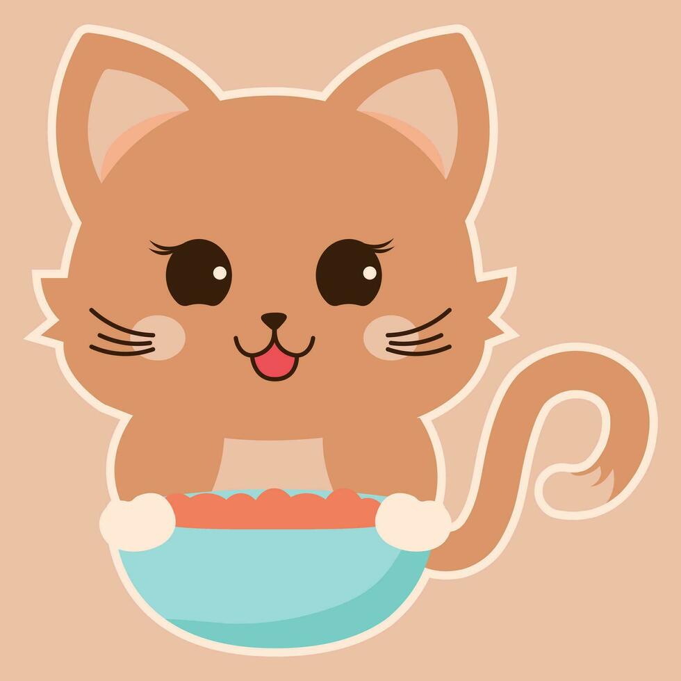 gato con un lleno cuenco de comida pegatina. vector ilustración