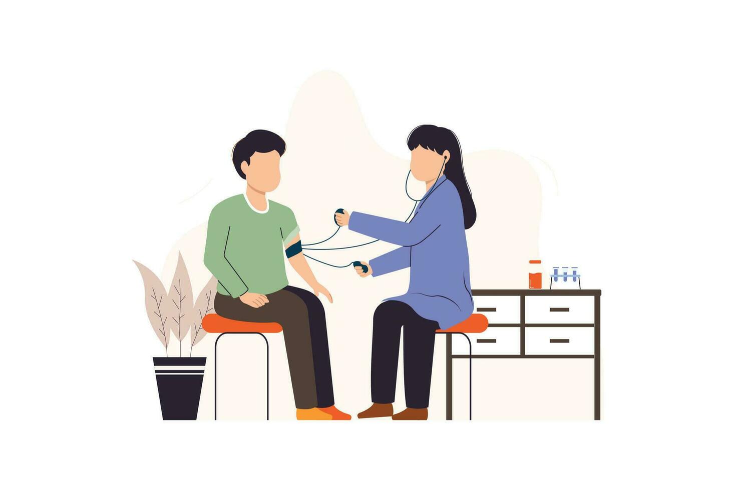 Medical Check Up Vector Flat Illustration. Medical Health Care Service With Doctor