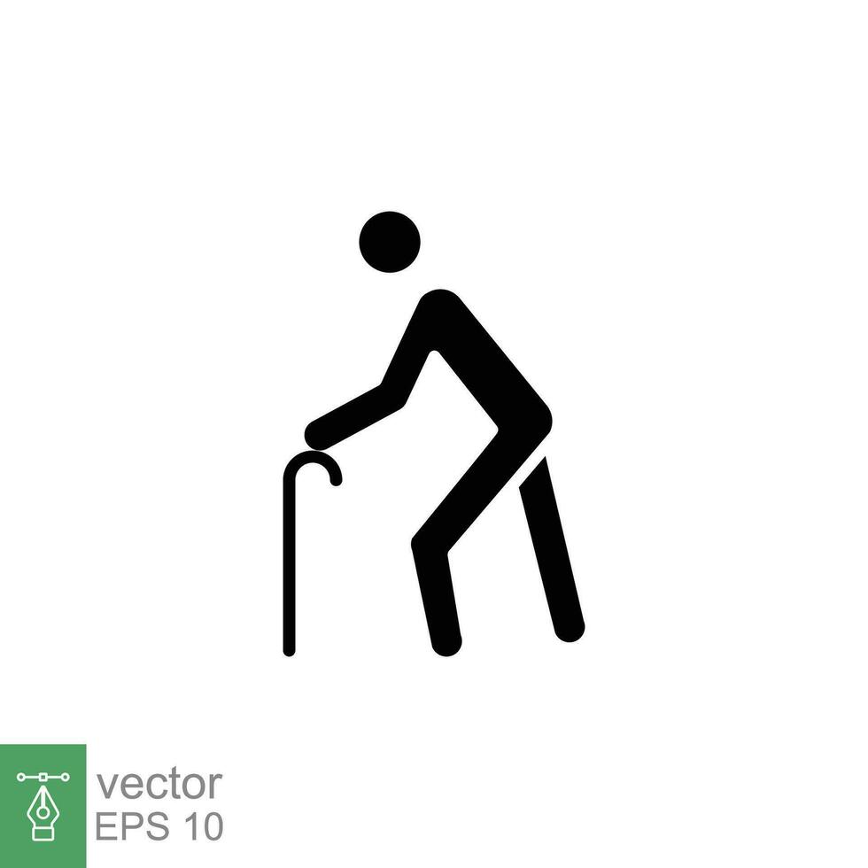 Old man icon. Simple solid style. Elder person with cane, stick, senior generation people, age concept. Black silhouette, glyph symbol. Vector illustration isolated on white background. EPS 10.