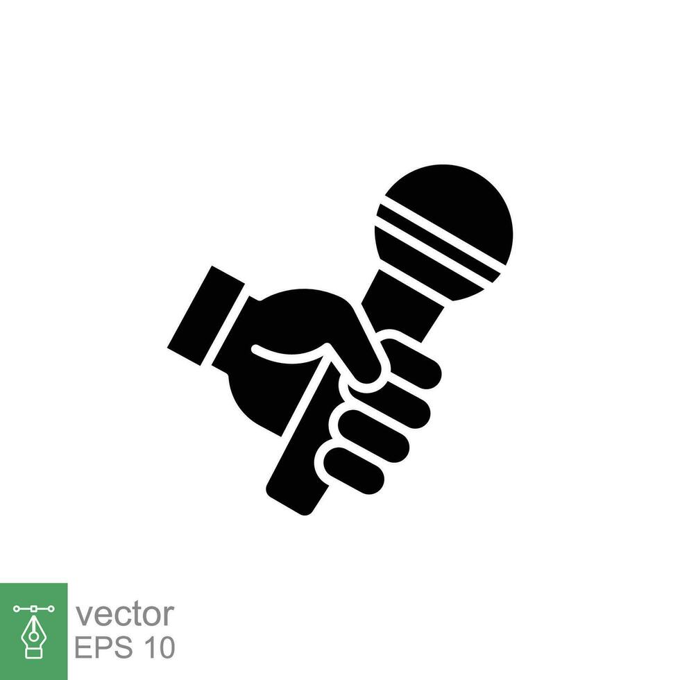 Hand holding microphone icon. Simple solid style. Mic, interview, journalist, news, media, reporter concept. Black silhouette, glyph symbol. Vector illustration isolated on white background. EPS 10.