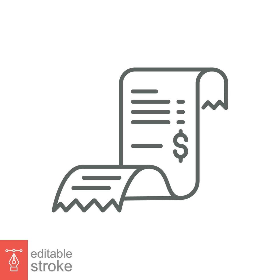 Cashier receipt icon. Simple outline style. Bill paper, invoice, expense, tax check, total payment concept. Thin line symbol. Vector illustration isolated on white background. Editable stroke EPS 10.