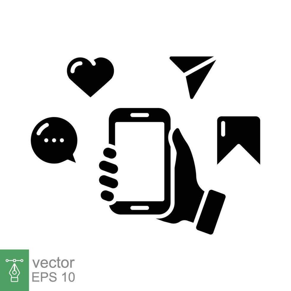 Hand holding phone with message, social media icon. Simple solid style. Hold smartphone, chat app concept. Black silhouette, glyph symbol. Vector illustration isolated on white background. EPS 10.