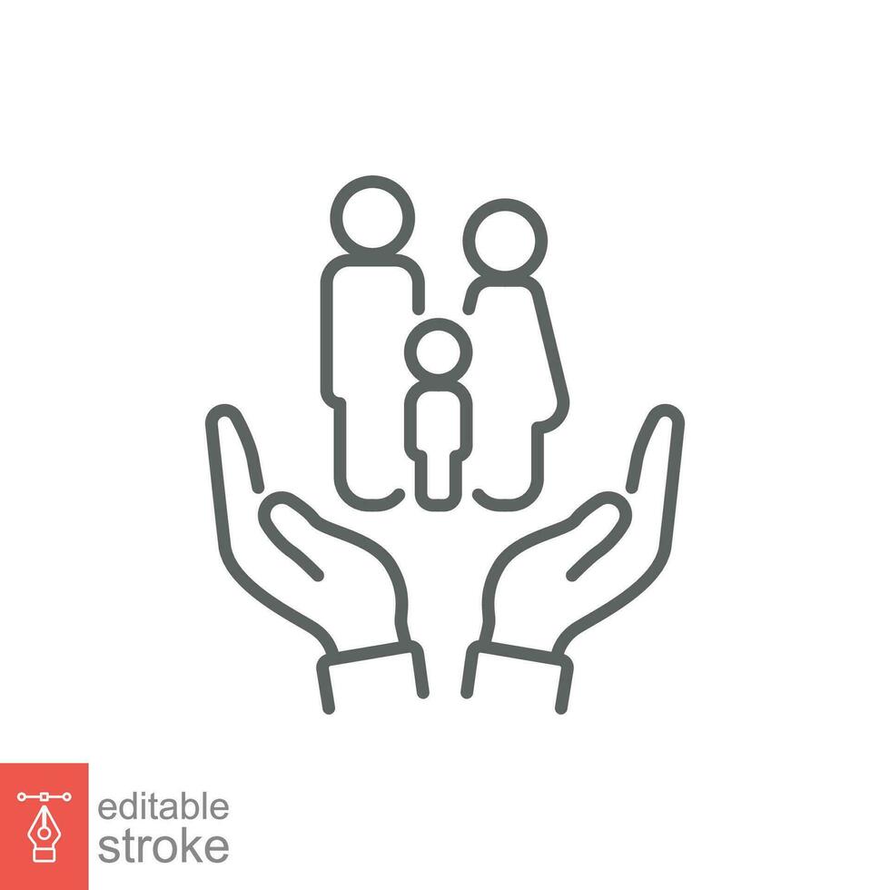 Family support icon. Simple outline style. Two hands protecting or giving aid to family, care, help concept. Thin line symbol. Vector illustration isolated on white background. Editable stroke EPS 10.