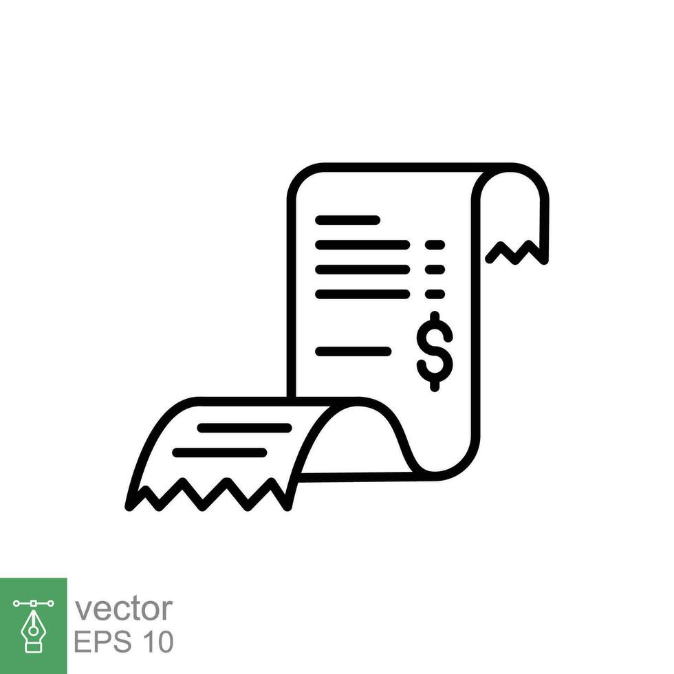 Cashier receipt icon. Simple outline style. Bill paper, invoice, expense, total payment, tax check, purchase concept. Thin line symbol. Vector illustration isolated on white background. EPS 10.