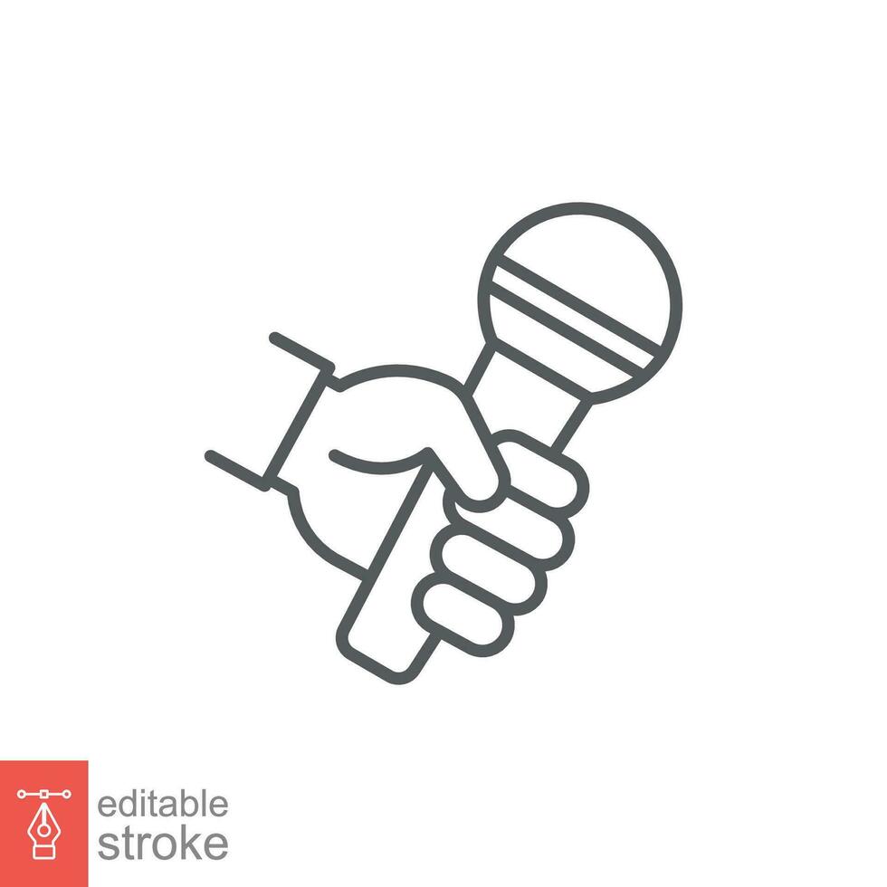 Hand holding microphone icon. Simple outline style. Interview, journalist, press media, reporter concept. Thin line symbol. Vector illustration isolated on white background. Editable stroke EPS 10.