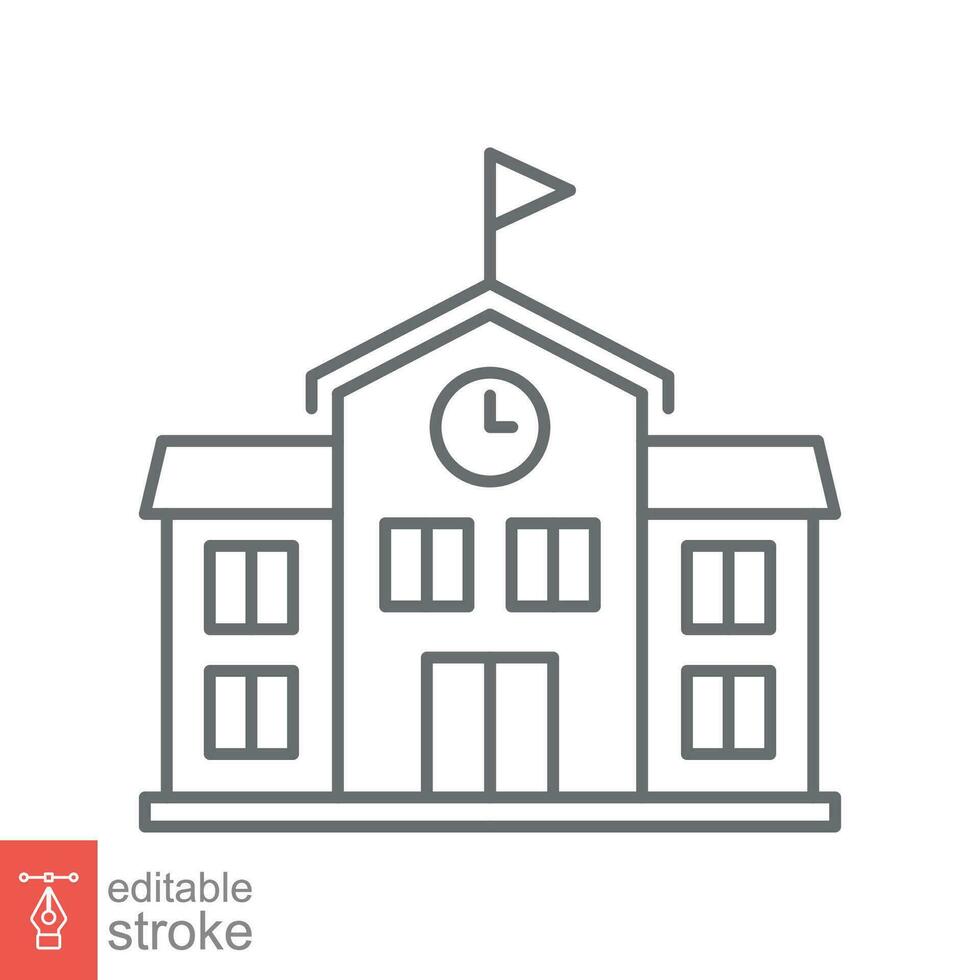 School building icon. Simple outline style. Campus, college, university, schoolhouse, education concept. Thin line symbol. Vector illustration isolated on white background. Editable stroke EPS 10.