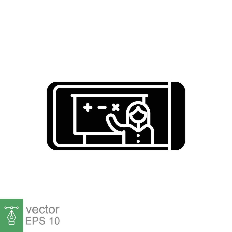 Mobile learning icon. Simple solid style. Woman teacher tutoring on phone screen, course, technology contact. Black silhouette, glyph symbol. Vector illustration isolated on white background. EPS 10.