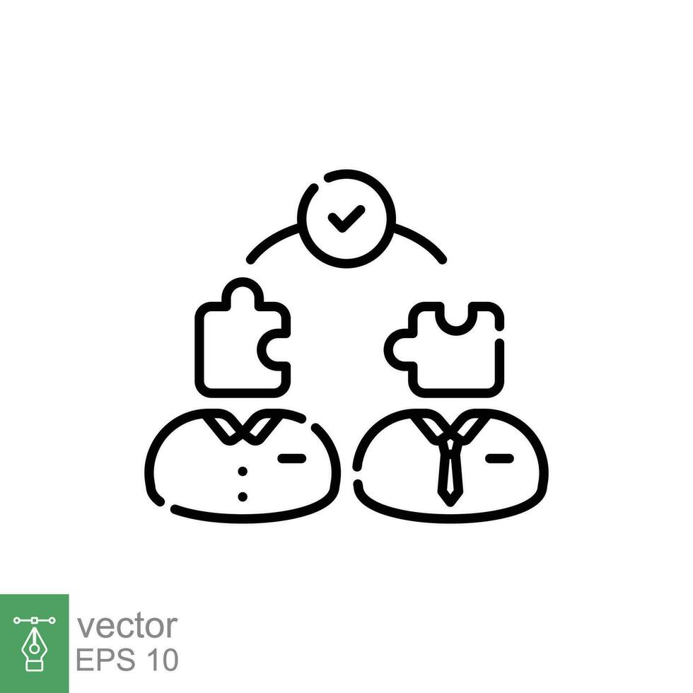 Work together icon. Simple outline style. People with puzzle, help, two man collaborate, teamwork concept. Thin line symbol. Vector illustration isolated on white background. EPS 10.