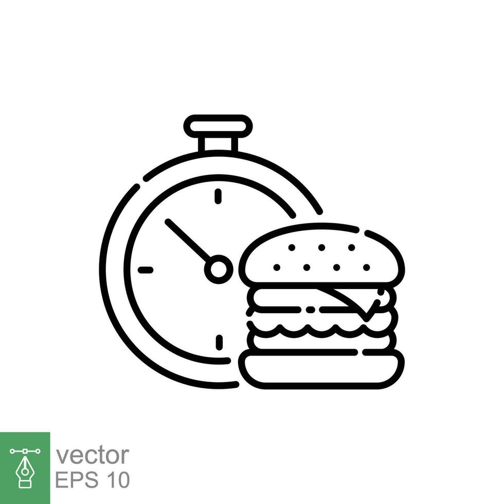 Burger fast delivery icon. Simple outline style. Timer, stopwatch, clock speed time, food shipping concept. Thin line symbol. Vector illustration isolated on white background. EPS 10.