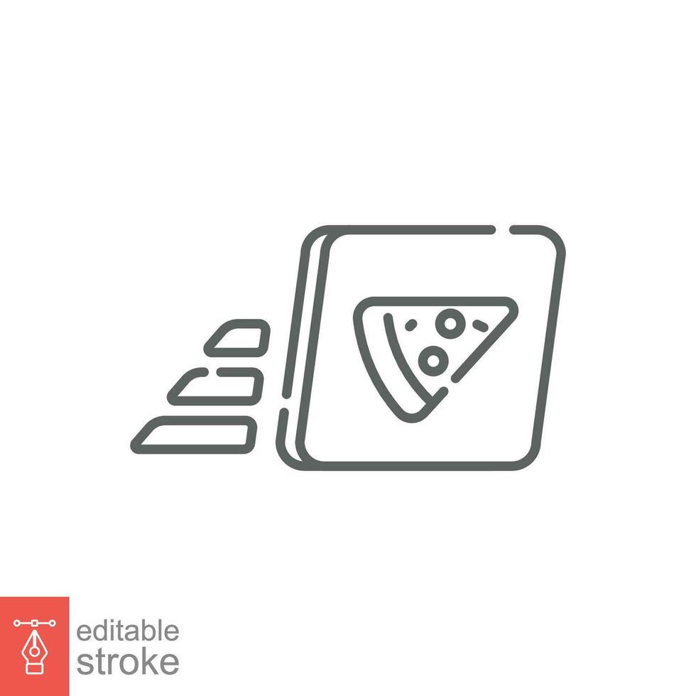Pizza in paper box icon. Simple outline style. Fast delivery food, carton, pizzeria, restaurant concept. Thin line symbol. Vector illustration isolated on white background. Editable stroke EPS 10.