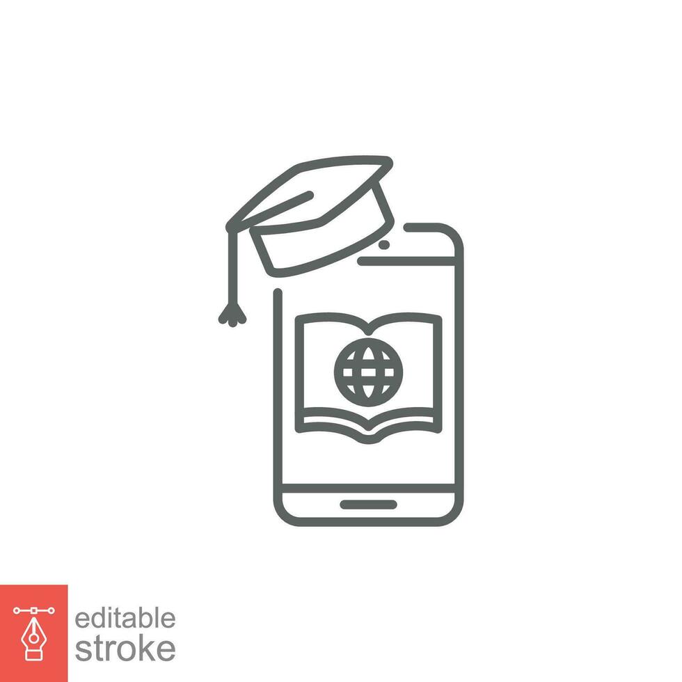 Online school icon. Simple outline style. Mobile learning, phone, graduation hat, digital platform concept. Thin line symbol. Vector illustration isolated on white background. Editable stroke EPS 10.