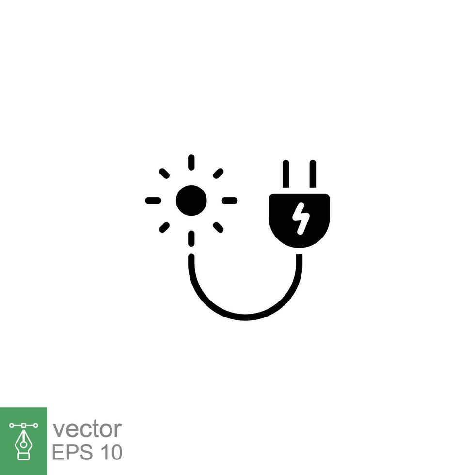 Solar power icon. Simple solid style. Sun with cable plug, energy, electricity, eco, conservation concept. Black silhouette, glyph symbol. Vector illustration isolated on white background. EPS 10.