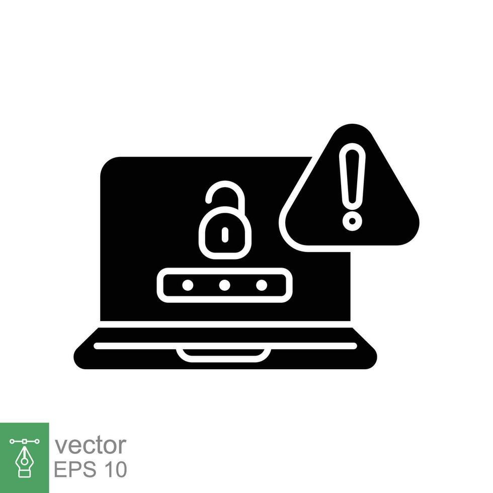 Password phishing icon. Simple solid style. Laptop hack, ransomware, fraud, scam, information steal concept. Black silhouette, glyph symbol. Vector illustration isolated on white background. EPS 10.