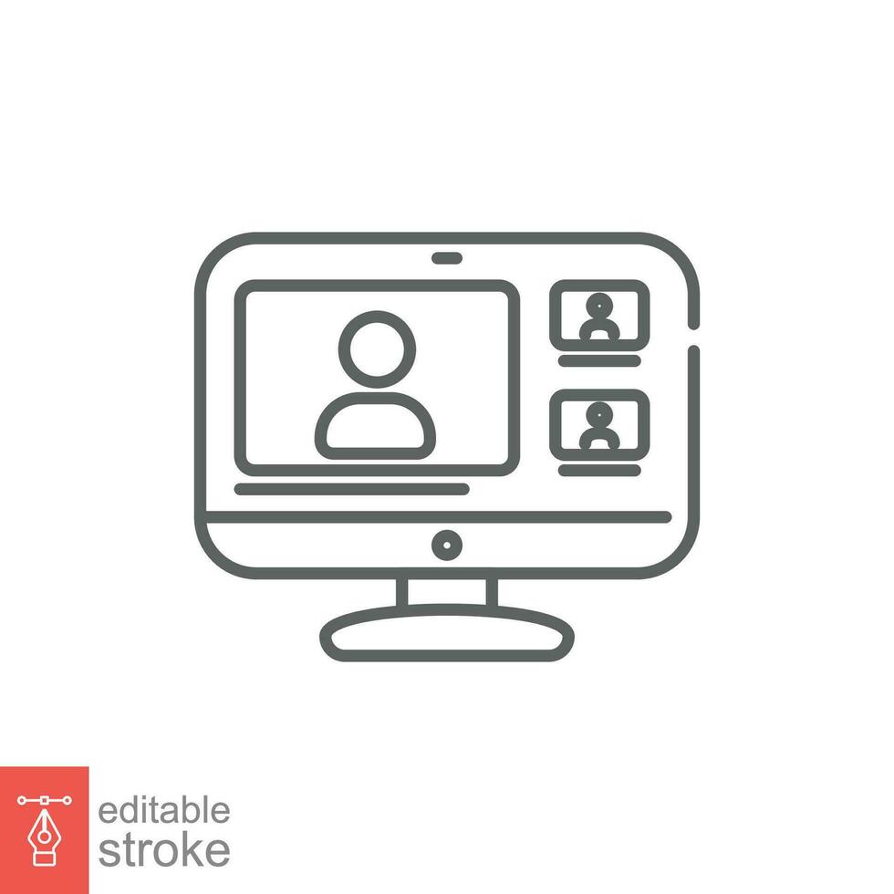 Virtual meeting icon. Simple outline style. Webcast, remote office, video conference, technology concept. Thin line symbol. Vector illustration isolated on white background. Editable stroke EPS 10.