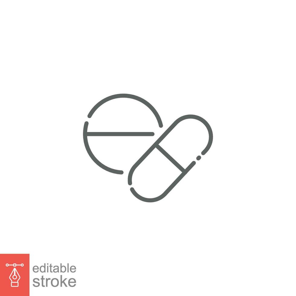 Pill icon. Simple outline style. Tablet, round pill, medical pharmacy, medicine, cross sign, health concept. Thin line symbol. Vector illustration isolated on white background. Editable stroke EPS 10.