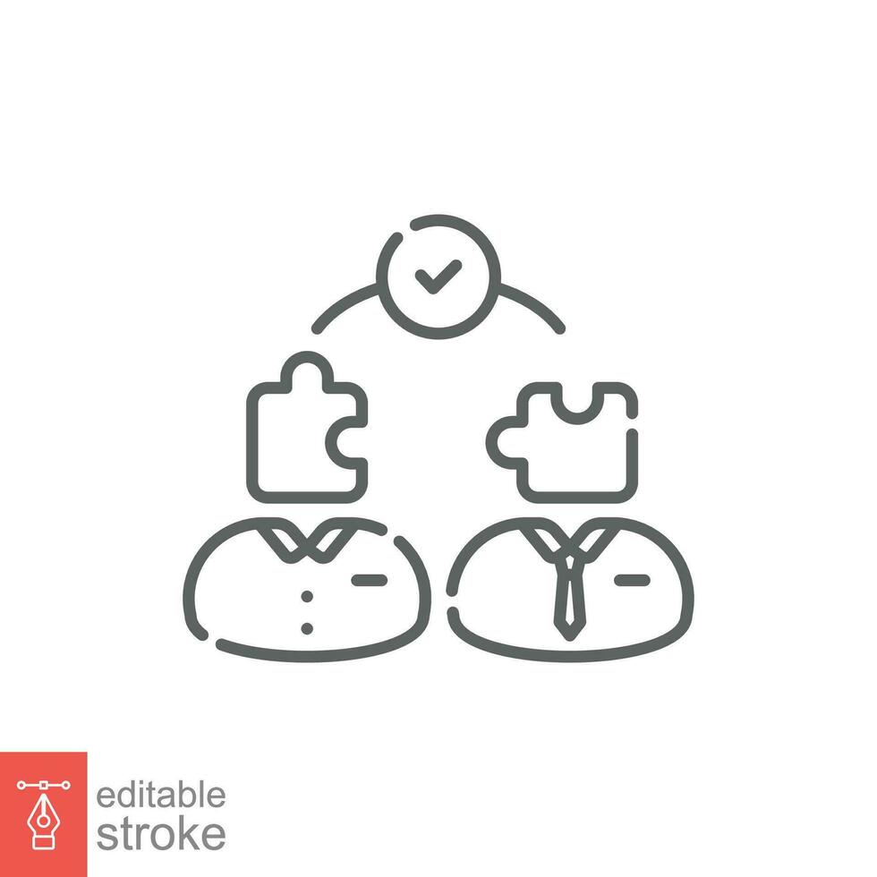 Work together icon. Simple outline style. People with puzzle, help, two man collaborate, teamwork concept. Thin line symbol. Vector illustration isolated on white background. Editable stroke EPS 10.