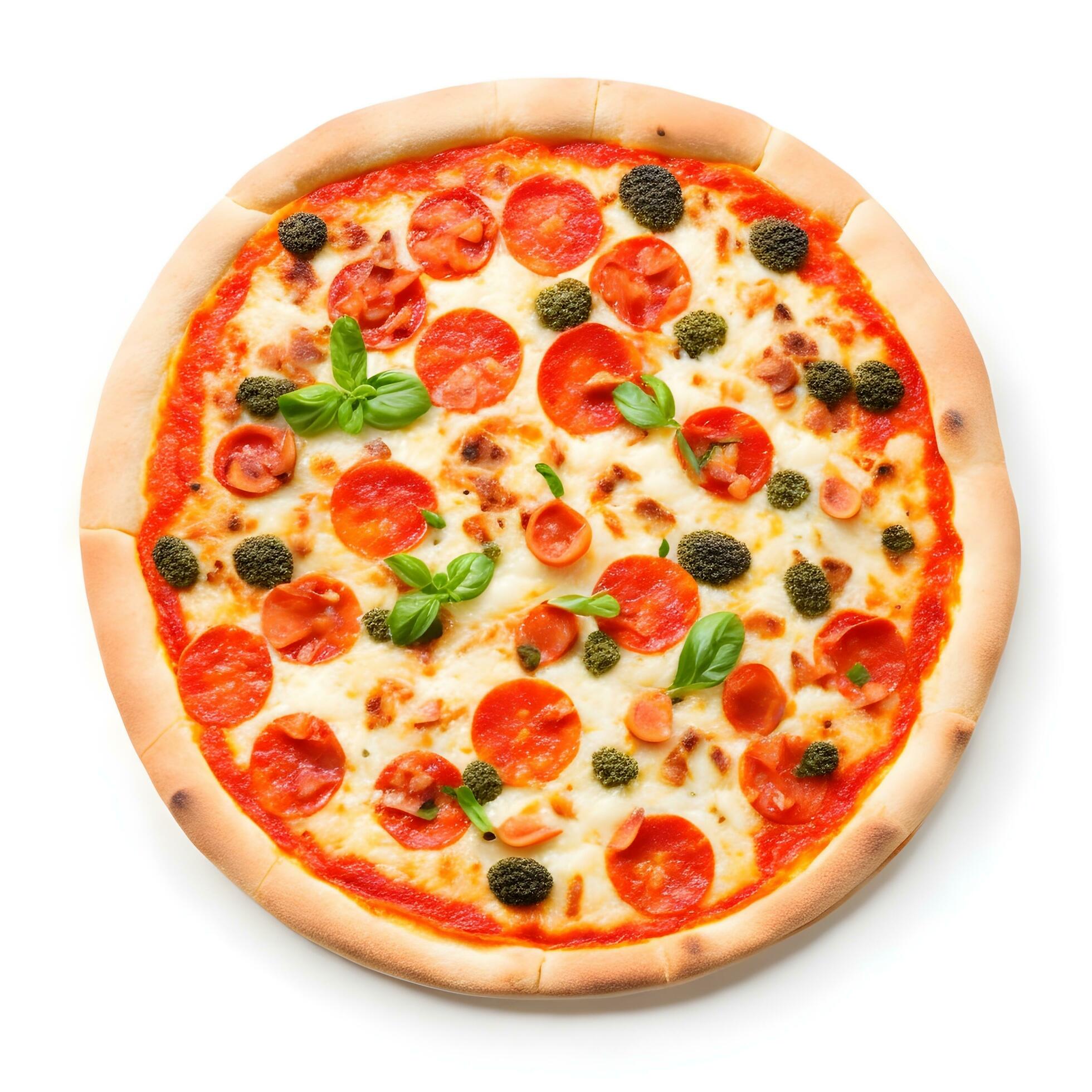 Tasty top view pizza italian traditional round pizza. white background ...