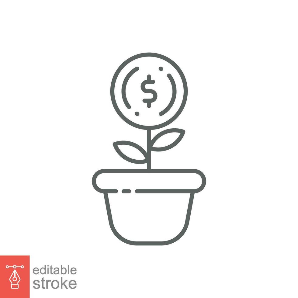 Mission money flower pot icon. Simple outline style. Grow, flowerpot, wealth, tree, leaf, business concept. Thin line symbol. Vector illustration isolated on white background. Editable stroke EPS 10.