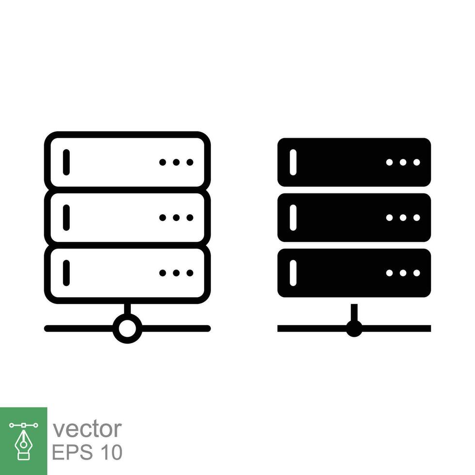 Server icon. Simple outline and solid style. Computer data, storage, hosting, cloud, digital, technology concept. Thin line, glyph symbol. Vector illustration isolated on white background. EPS 10.