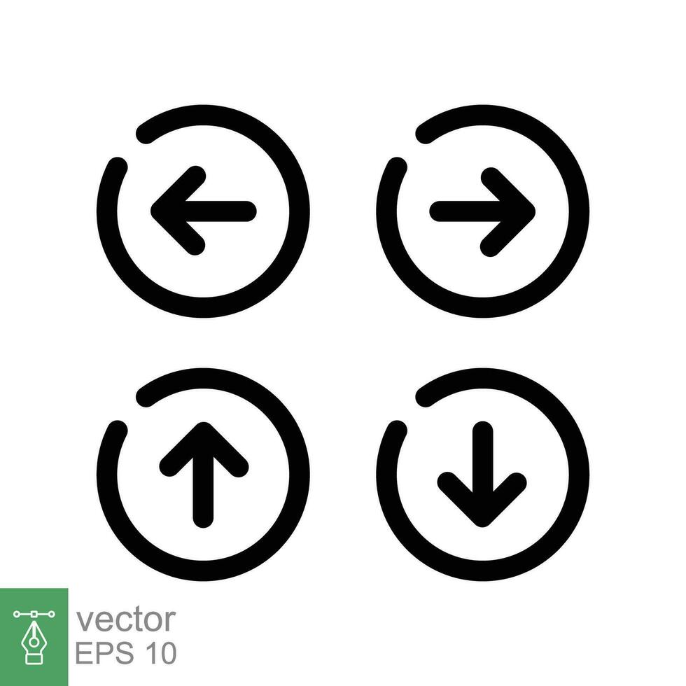 Arrow control button icon set. Simple outline style. Slider, direction, left, right, up, down, circle navigation concept. Thin line symbol. Vector illustration isolated on white background. EPS 10.