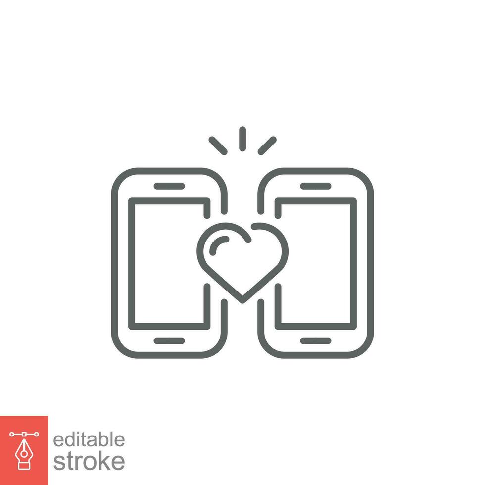 Online dating icon. Simple outline style. Mobile phone with love heart, long distance relationship concept. Thin line symbol. Vector illustration isolated on white background. Editable stroke EPS 10.