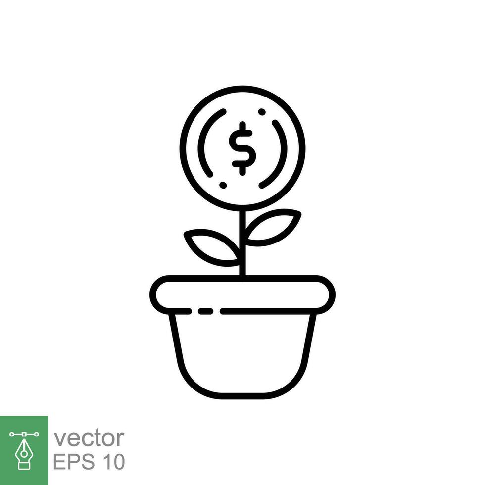 Mission money flower pot icon. Simple outline style. Grow, flowerpot, wealth, tree with leaf, business concept. Thin line symbol. Vector illustration isolated on white background. EPS 10.