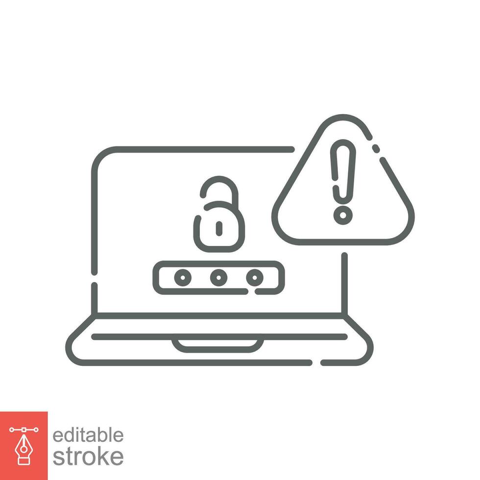 Password phishing icon. Simple outline style. Laptop hack, ransomware, fraud, scam, technology concept. Thin line symbol. Vector illustration isolated on white background. Editable stroke EPS 10.