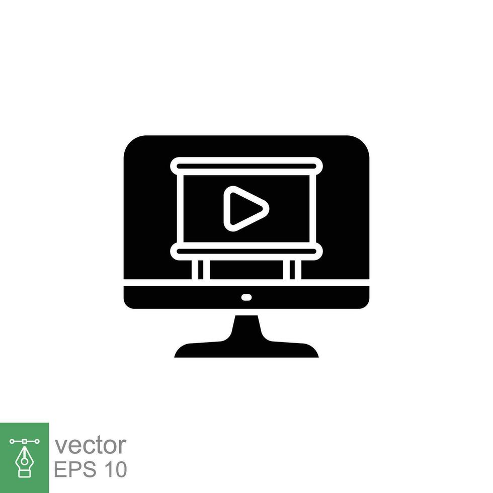 Video tutorial icon. Simple solid style. Webinar, play, stream, monitor with player, online education concept. Black silhouette, glyph symbol. Vector illustration isolated on white background. EPS 10.