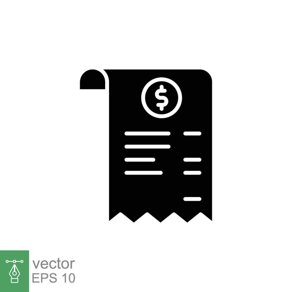 Cashier receipt icon. Simple solid style. Bill paper, invoice, expense, tax check, total payment concept. Black silhouette, glyph symbol. Vector illustration isolated on white background. EPS 10.