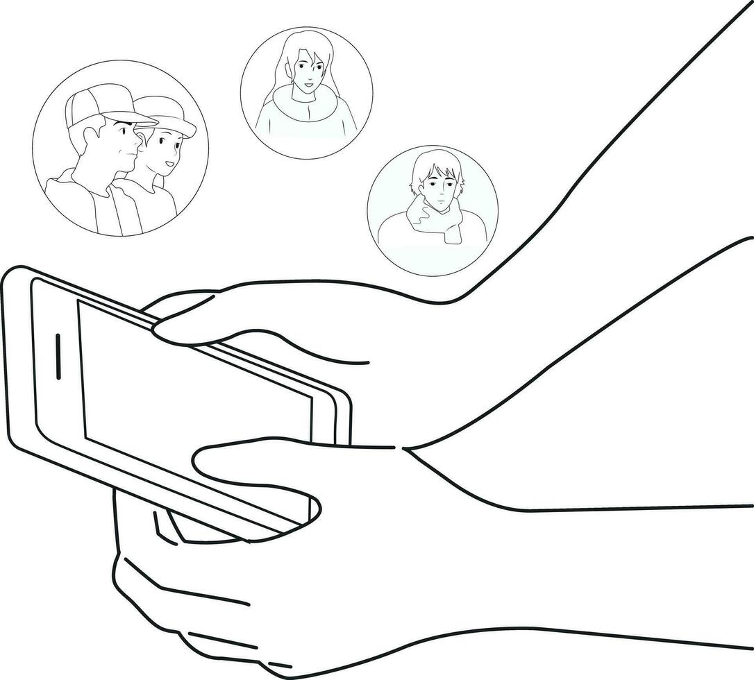 Black and white illustration. Using a smartphone to communicate. vector