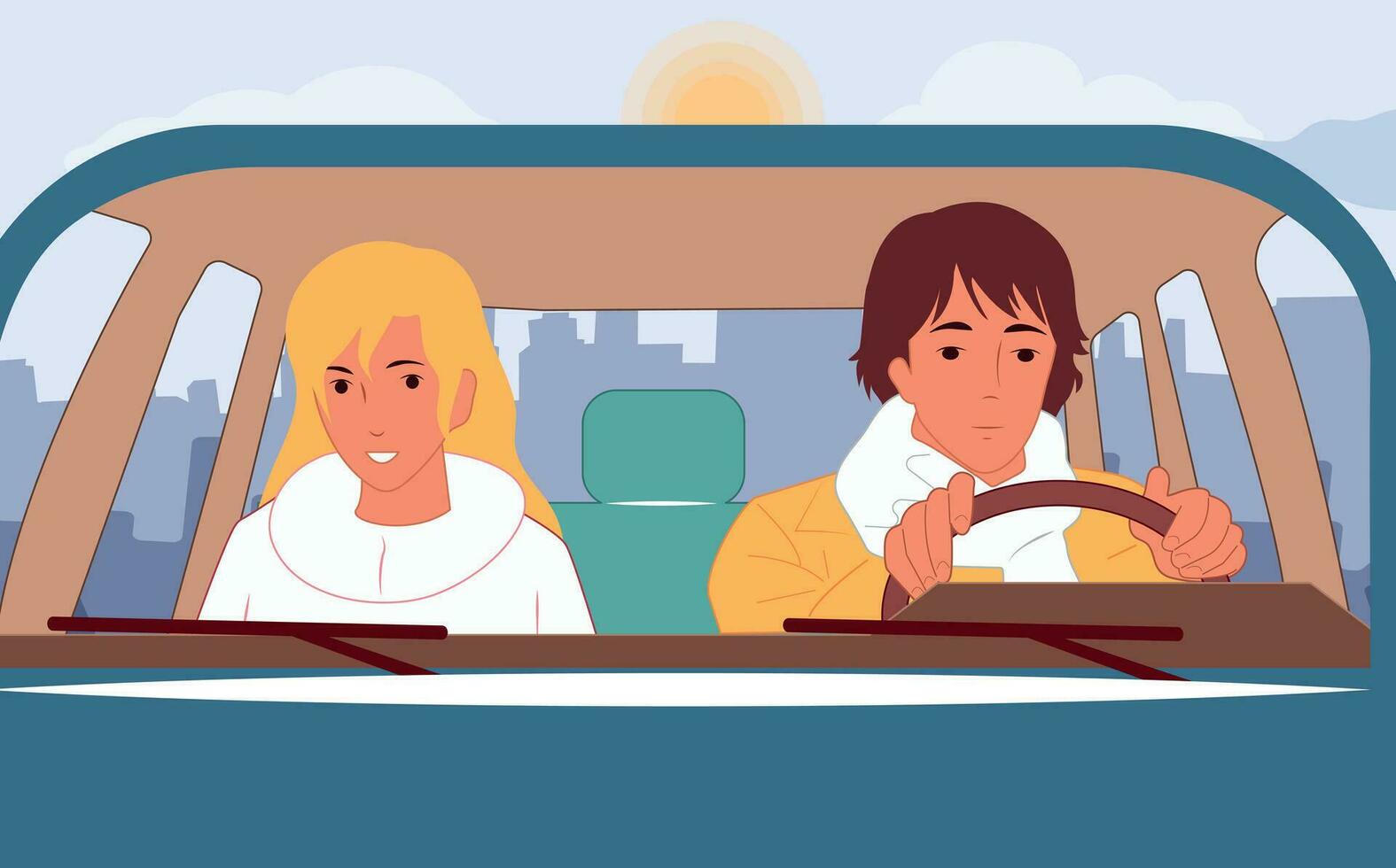 un niña y un chico son conducción en un coche alrededor el ciudad vector