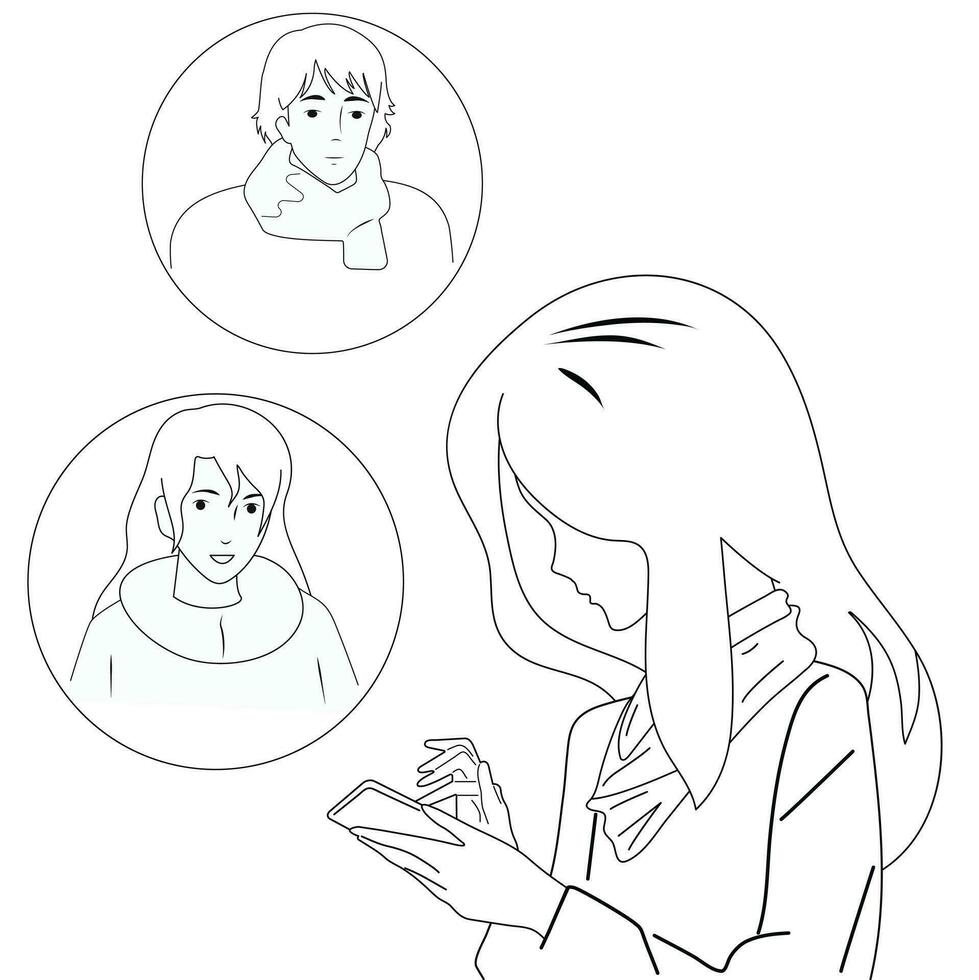 Black and white illustration. Using a smartphone to communicate. vector