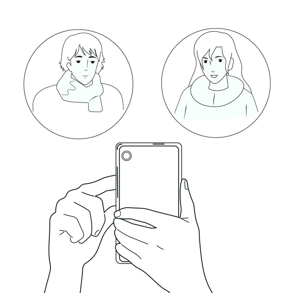Black and white illustration. Using a smartphone to communicate. vector