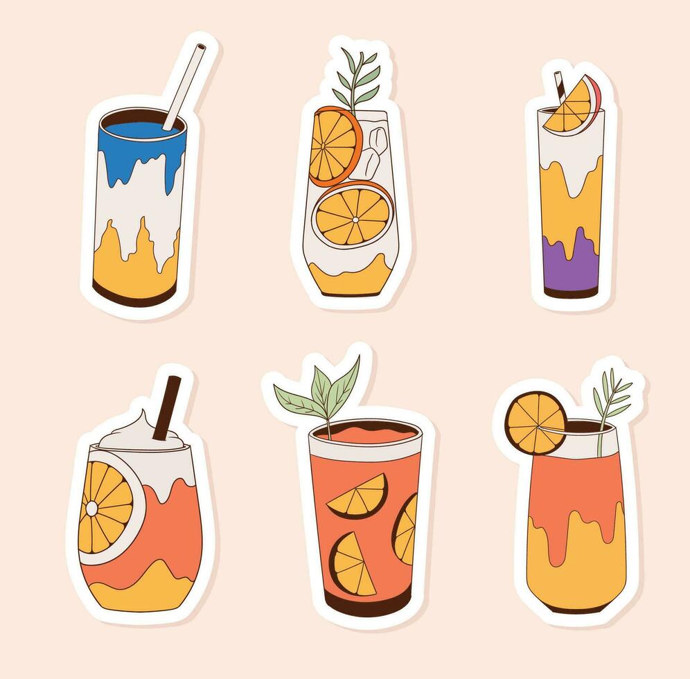 Colorful hand drawn summer beverages stickers collection vector