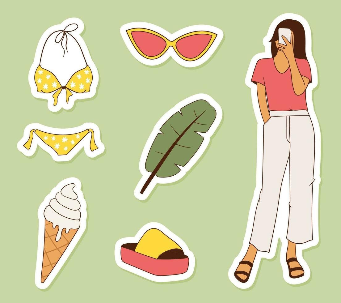 Colorful hand drawn summer stickers collection vector