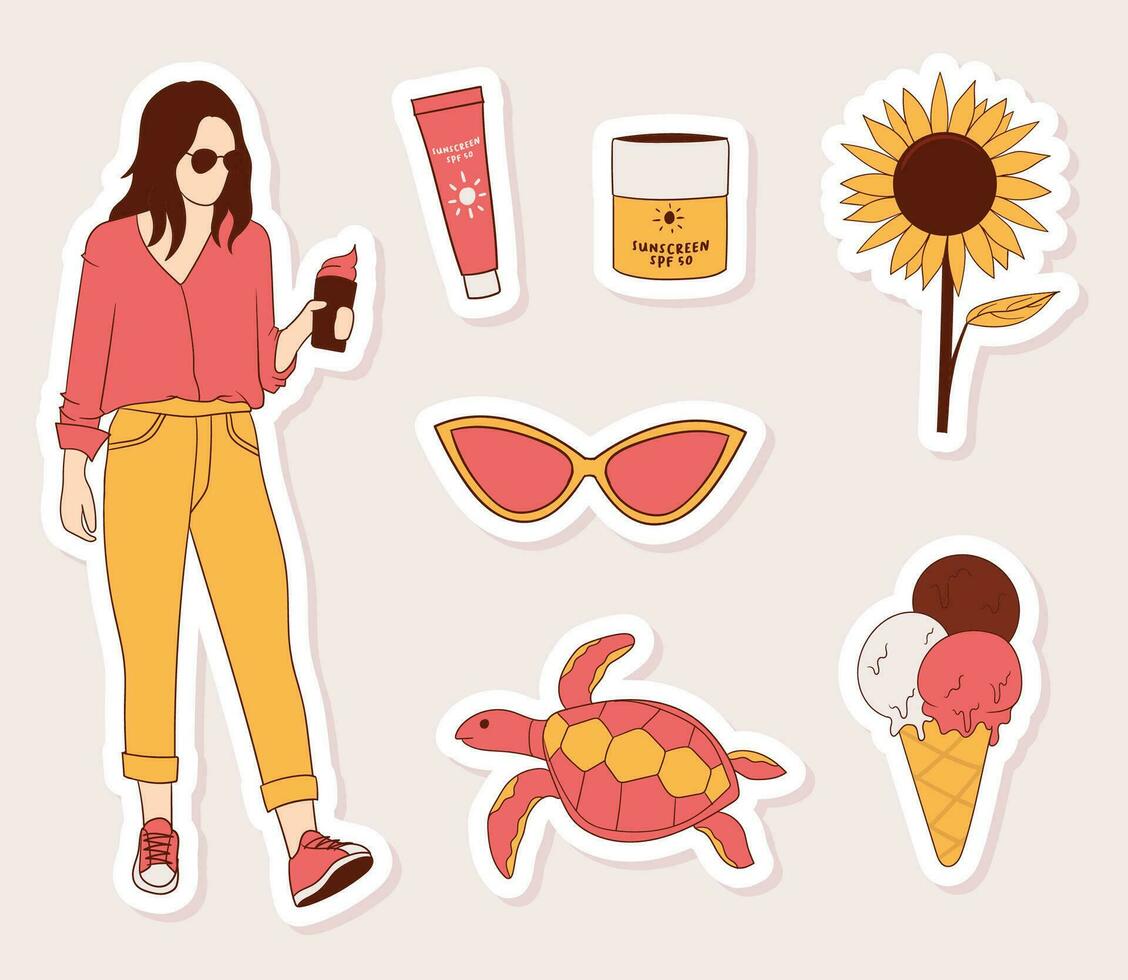 Colorful hand drawn summer stickers collection vector